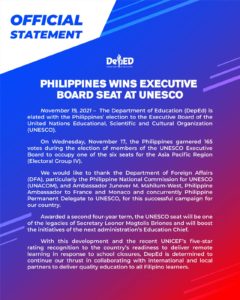 Philippines wins Executive Board seat at UNESCO | November 19, 2021 – The Department of Education (DepEd) is elated with the Philippines’ election to the Executive Board of the United Nations